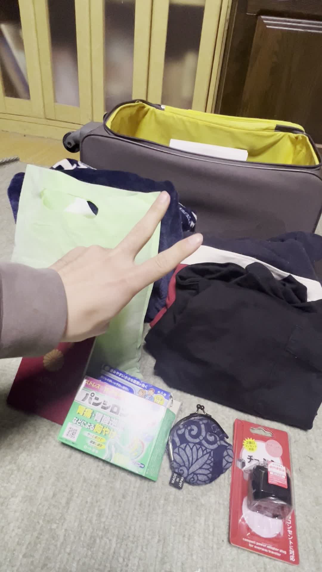 広げた荷物を背景にピースする手元