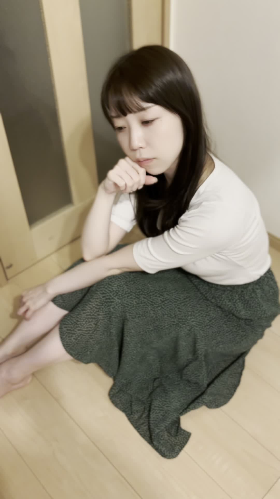 床に座り込み、自分のシャツを触りながら「このケアで変わるのかな」と考える仕草