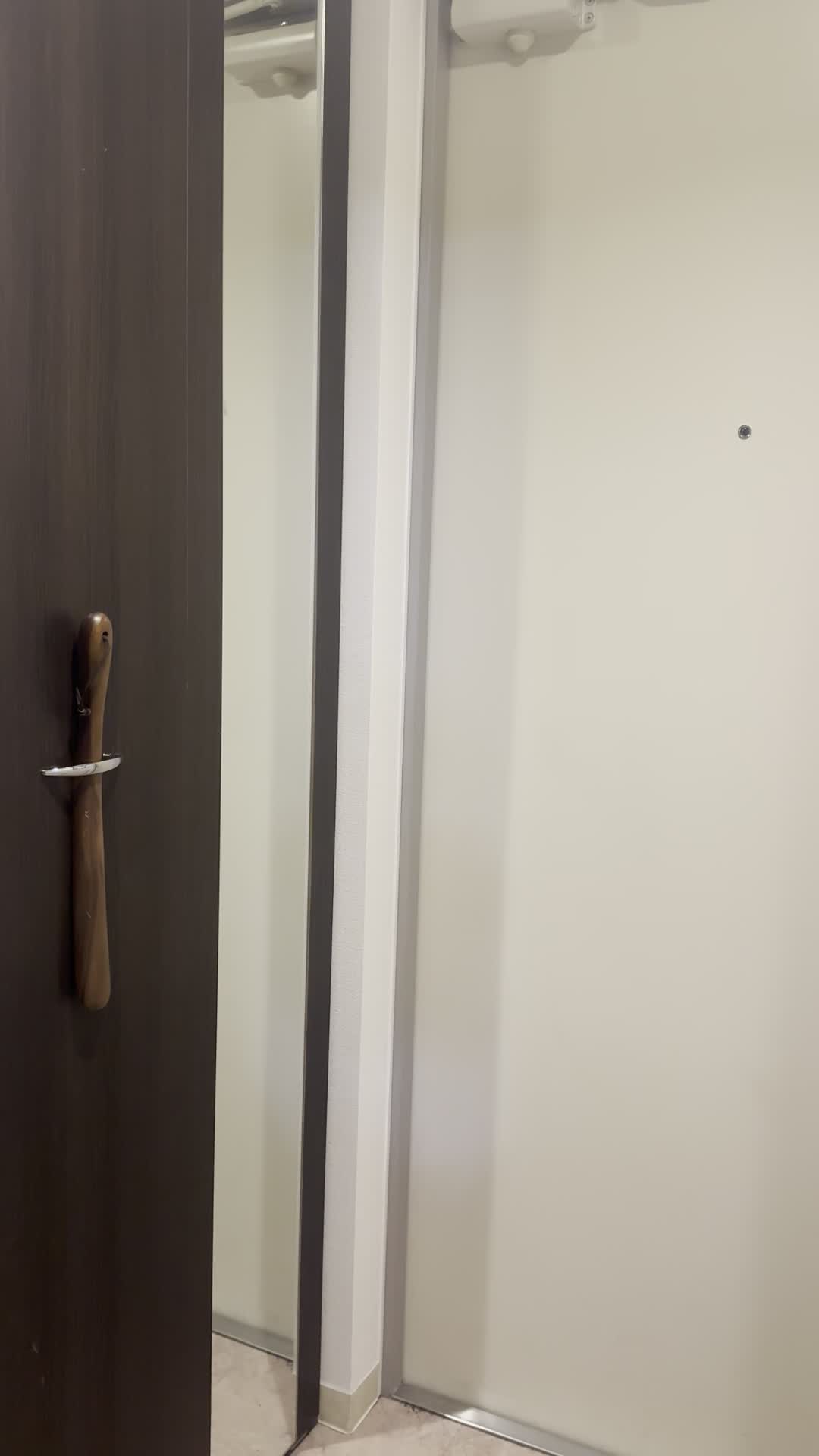 鏡の前でコートを羽織り、「これで大丈夫かな？」と確認する姿