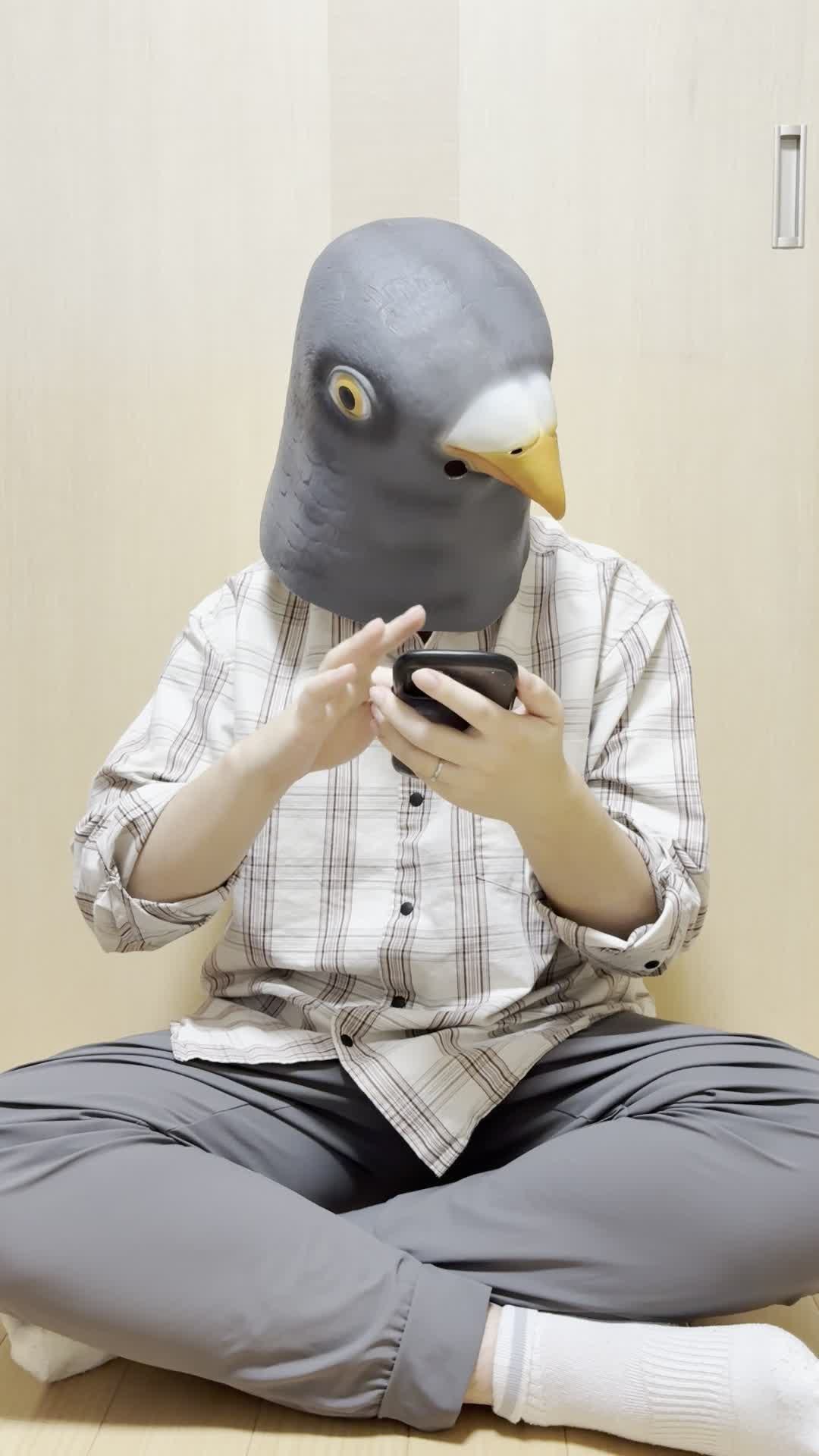 床に座り、「注文完了画面を見て達成感を感じる」笑顔を浮かべる様子